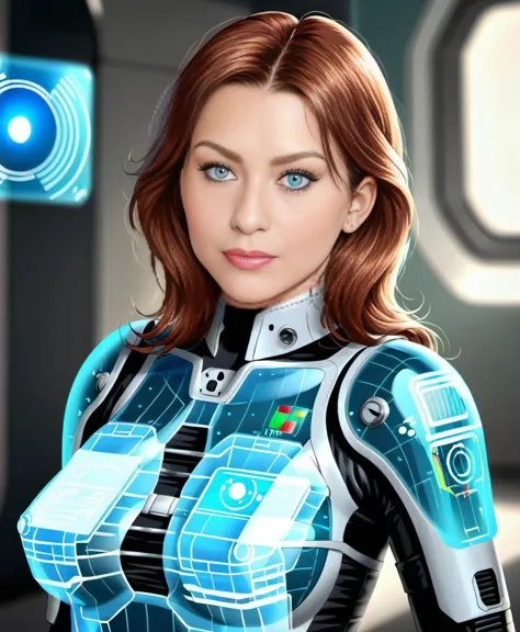 a woman in a futuristic suit with a futuristic face and chest