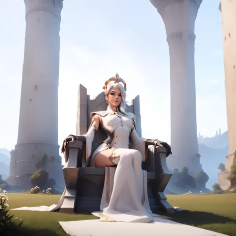 a woman sitting on a throne in a white dress