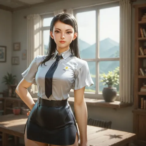 there is a woman in a uniform posing in a room