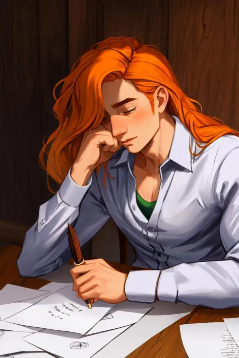masterpiece, best quality, elliott sdv, solo, 1boy, long hair, holding quill, collared shirt, long sleeves, hair over one eye, w...