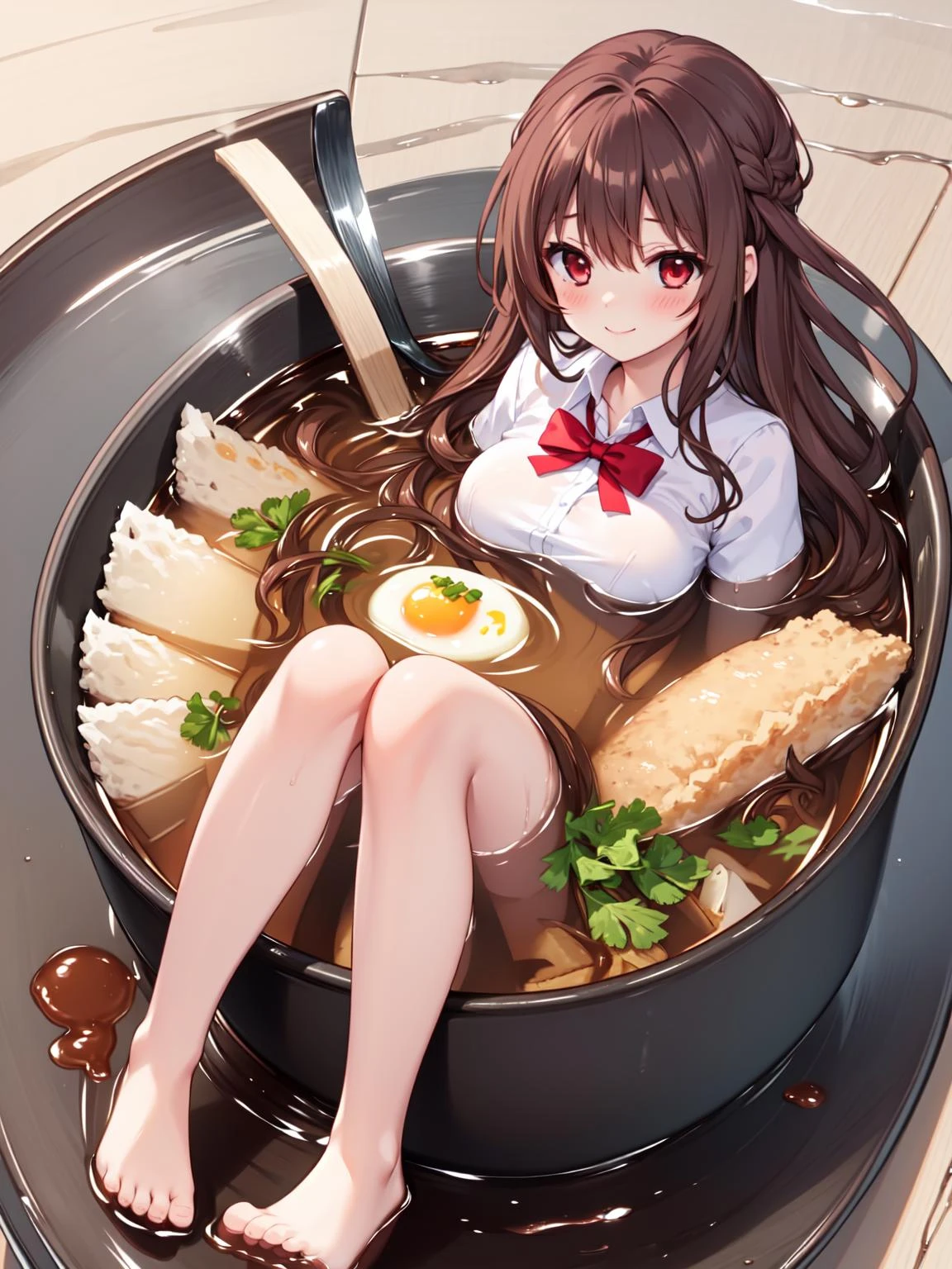 1girl,solo, aoisan,red eyes, brown hair,smile,full body,
thighs, medium breasts, 
,, blush, steaming body, steam, minigirl, in food, in container, barefoot, soup, ramen, noodles, egg, shrimp tempura, partially submerged,