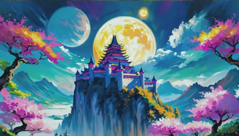 thick oil on canvas, vibrant professional pigments, epic fantasy, moonrise, scenery, in a Chunyu Knight's Castle Grounds, vibran...
