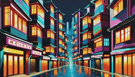 thick oil on canvas, vibrant professional pigments, epic fantasy, midnight, architecture, Coffinwood dark alley in a Hong Kong, ...