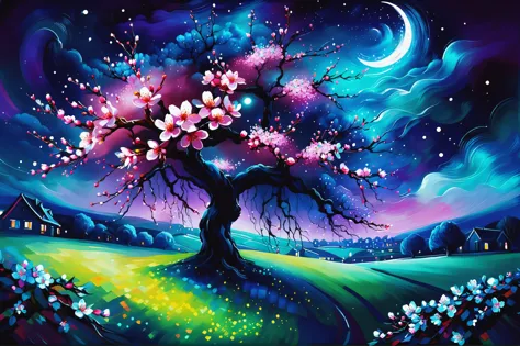 a painting of a tree with flowers and a moon in the sky