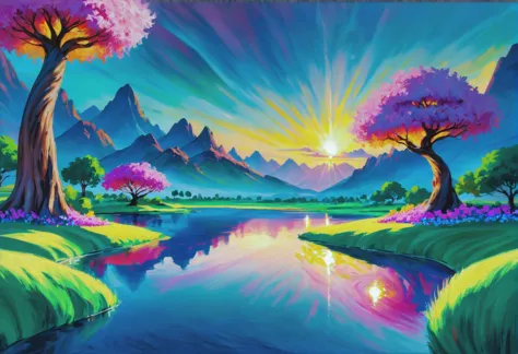 thick oil on canvas, vibrant professional pigments, epic fantasy, dusk, scenery, in a Magical Spring Oasis, vibrant color scheme...