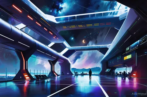 a painting of a futuristic space station with a person walking in the distance