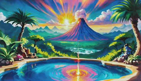 thick oil on canvas, vibrant professional pigments, epic fantasy, sunset, scenery,  hotspring in a Tropical Dry Forest, vibrant ...