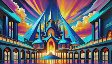 thick oil on canvas, vibrant professional pigments, epic fantasy, sunset, architecture, "at the Long exposure final City", vibra...