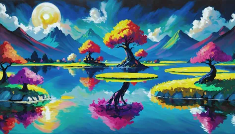 thick oil on canvas, vibrant professional pigments, epic fantasy, midnight, scenery, Twee Pond, vibrant color scheme<lora:EnvyAn...