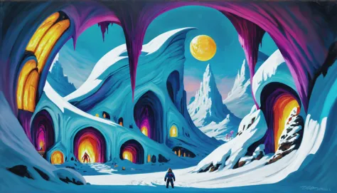 thick oil on canvas, vibrant professional pigments, epic fantasy, crescent moon, scenery, in a Yeti's Frozen Caves, vibrant colo...