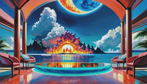 thick oil on canvas, vibrant professional pigments, epic fantasy, moonrise, well-lit interior, in a Northerness Coral atoll with...