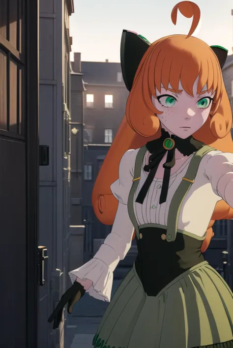 pennypolendina, <lyco:pennypolendina-lyco-nochekaiser:1>,
penny polendina, long hair, (green eyes:1.5), ahoge, orange hair, freckles,
BREAK skirt, shirt, thighhighs, gloves, long sleeves, bow, white shirt, black gloves, puffy sleeves, green skirt, android, joints, robot joints, mechanical legs,
BREAK outdoors, city,
BREAK looking at viewer, (cowboy shot:1.5),
BREAK <lyco:GoodHands-beta2:1>, (masterpiece:1.2), best quality, high resolution, unity 8k wallpaper, (illustration:0.8), (beautiful detailed eyes:1.6), extremely detailed face, perfect lighting, extremely detailed CG, (perfect hands, perfect anatomy),