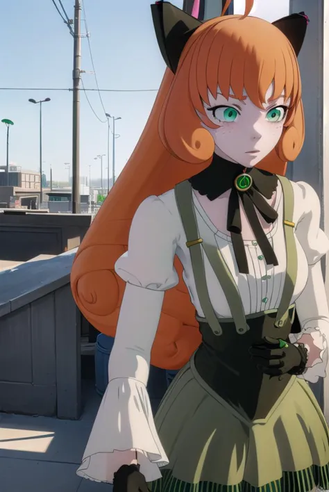 pennypolendina, <lyco:pennypolendina-lyco-nochekaiser:1>,
penny polendina, long hair, (green eyes:1.5), ahoge, orange hair, freckles,
BREAK skirt, shirt, thighhighs, gloves, long sleeves, bow, white shirt, black gloves, puffy sleeves, green skirt, android, joints, robot joints, mechanical legs,
BREAK outdoors, city,
BREAK looking at viewer, (cowboy shot:1.5),
BREAK <lyco:GoodHands-beta2:1>, (masterpiece:1.2), best quality, high resolution, unity 8k wallpaper, (illustration:0.8), (beautiful detailed eyes:1.6), extremely detailed face, perfect lighting, extremely detailed CG, (perfect hands, perfect anatomy),