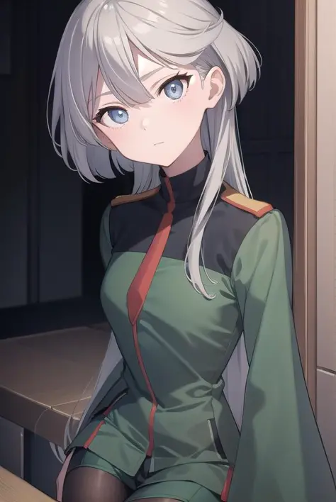 miorinerembran, miorine rembran, ahoge, (grey eyes:1.5), grey hair, hair between eyes, (long hair:1.25), swept bangs,
BREAK asticassia school uniform, front-seamed legwear, green jacket, green shorts, jacket, long sleeves, pantyhose, pantyhose under shorts, , seamed legwear, shorts, shoulder boards, swept bangs, wide sleeves,
BREAK looking at viewer,
BREAK indoors, classroom,
BREAK (masterpiece:1.2), best quality, high resolution, unity 8k wallpaper, (illustration:0.8), (beautiful detailed eyes:1.6), extremely detailed face, perfect lighting, extremely detailed CG, (perfect hands, perfect anatomy),