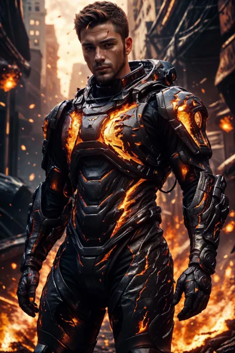 (Spanish man), emb3r4rmor, wearing embers exosuit, burning, glowing, dynamic pose, fighting stance, (fantasy city background),, ...