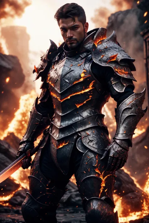 (italian man), emb3r4rmor, wearing embers knight armor, burning, glowing, dynamic pose, fighting stance, fantasy city background, holding sword,, best quality, masterpiece, highly detailed, realistic, (detailed background), depth of field, soft focus, intr...