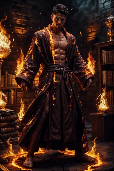 (Iranian man), emb3r4rmor, wearing embers wizard robe, burning, glowing, dynamic pose, fighting stance, (fantasy library background), indoors,, realistic, masterpiece, intricate details, detailed background, depth of field, photo of a handsome man,