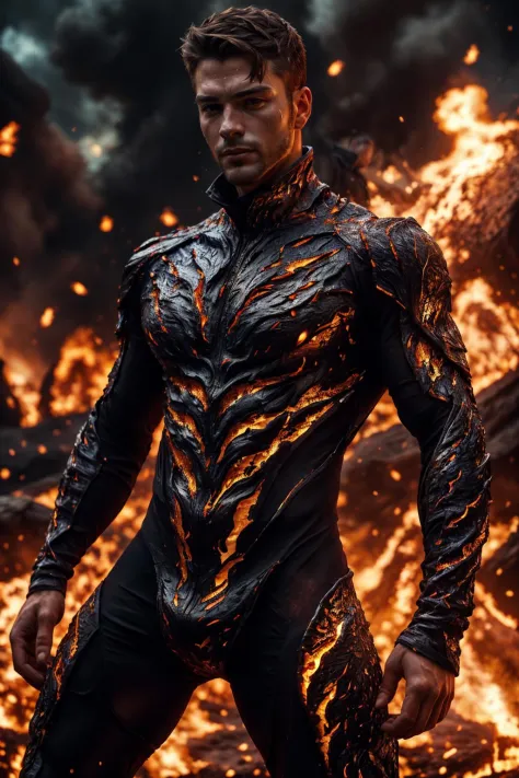 (French man), emb3r4rmor, wearing embers bodysuit, burning, glowing, dynamic pose, fighting stance, (fantasy city background),, realistic, masterpiece, intricate details, detailed background, depth of field, photo of a handsome man,