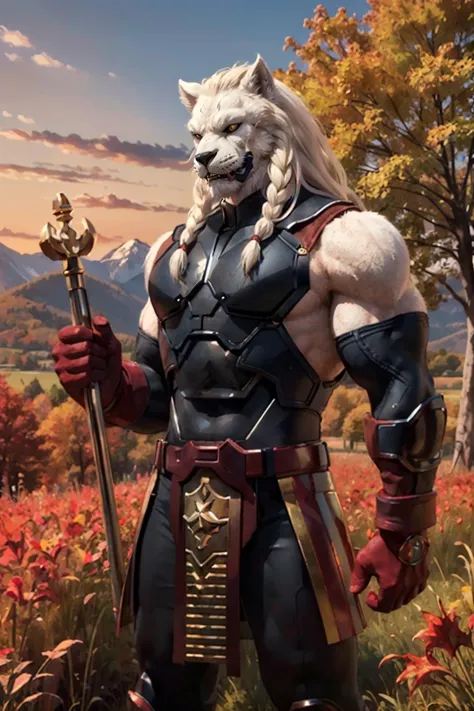 battlebeast2023,white fur, braided mane. black suit, armor, red and gold belt, gloves, holding a spiked mace, looking at viewer,...