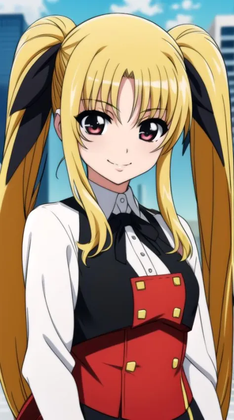 fate testarossa, 1girl, long hair, twintails, black ribbon, smile,
(close-up:1.2), looking at viewer, 
outdoors, cityscape,
<lora:nanoha-movie-2nd-fate-testarossa:0.7>