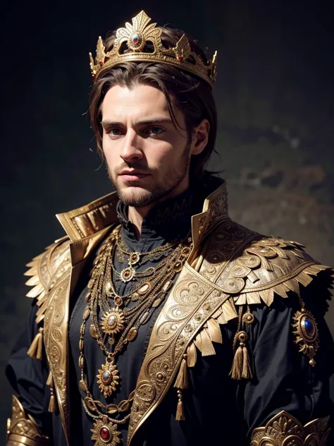 ancient king in rich clothes, 30 years old european man, chaosmix