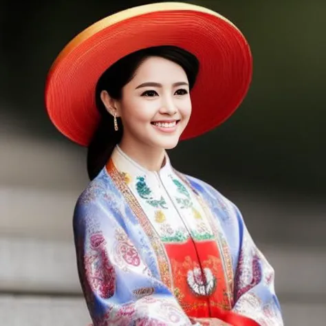 a close up of a woman wearing a red hat and a blue dress