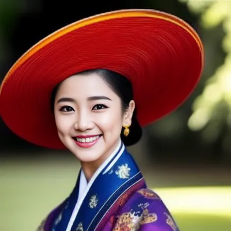 arafed woman in a red hat and blue dress smiling