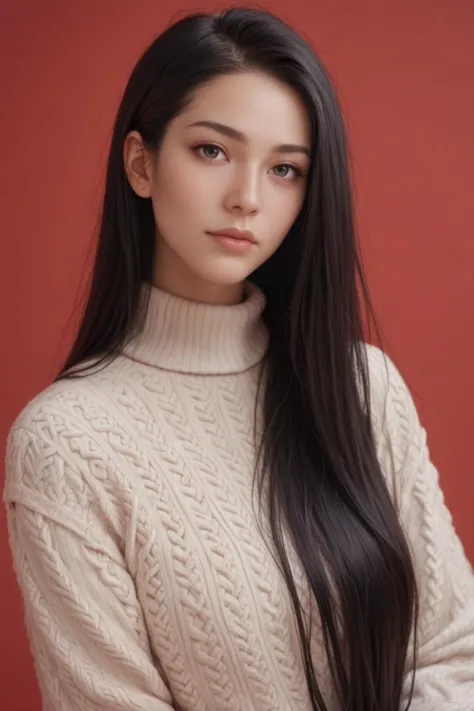 a woman with long black hair wearing a sweater and posing for a picture