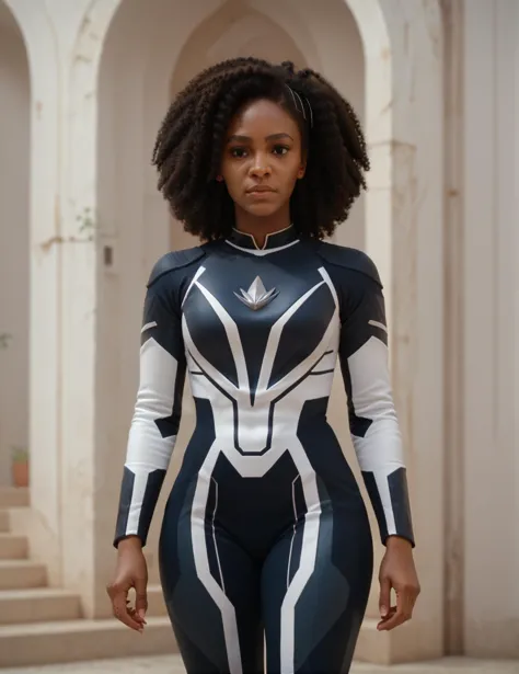 a woman in a black and white suit standing in a hallway