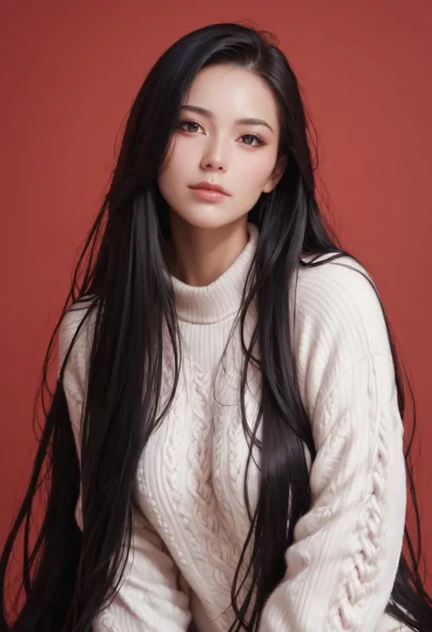 a woman with long black hair sitting on a red surface