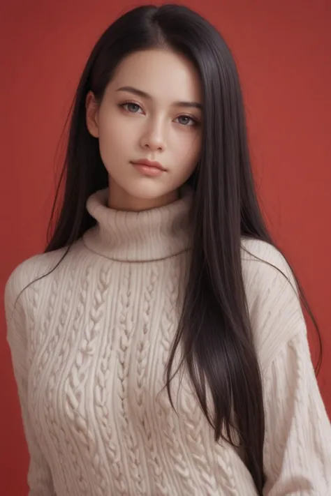 a woman with long black hair wearing a turtle neck sweater