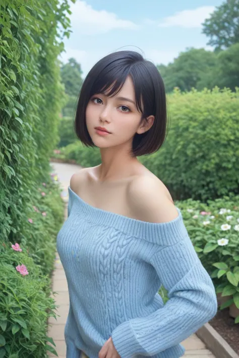 a woman in a blue sweater posing for a picture in a garden