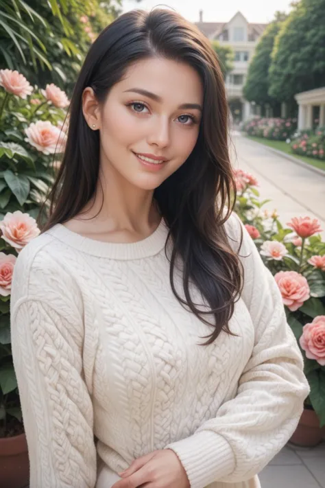 a woman in a white sweater posing for a picture in front of flowers