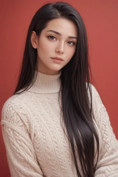 a woman with long black hair wearing a sweater and posing for a picture