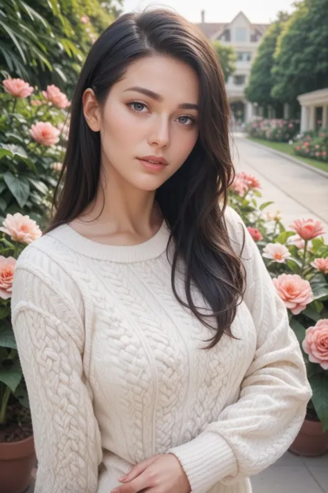 a woman in a white sweater standing in front of flowers