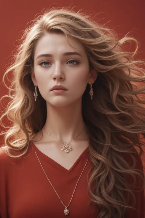 a woman with long hair wearing a red shirt and gold necklace