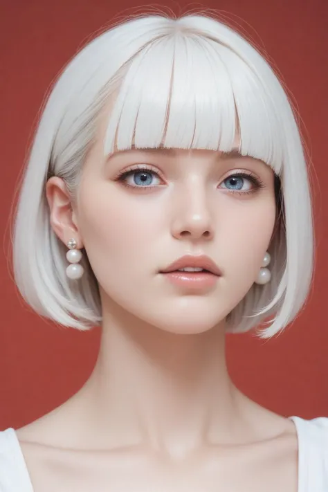 a woman with white hair and blue eyes wearing pearls