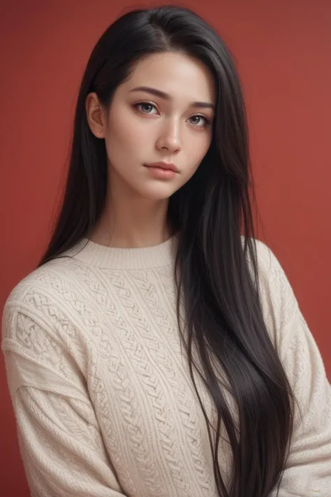 a woman with long black hair wearing a sweater and posing for a picture