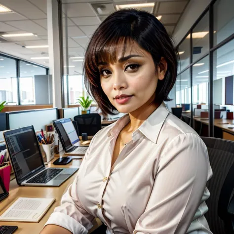 RAW photo, candid, medium shot, SndyPrz, sitting, short hair, bangs, business casual clothing, sfw, indoors, office, silicon valley, hard-working 