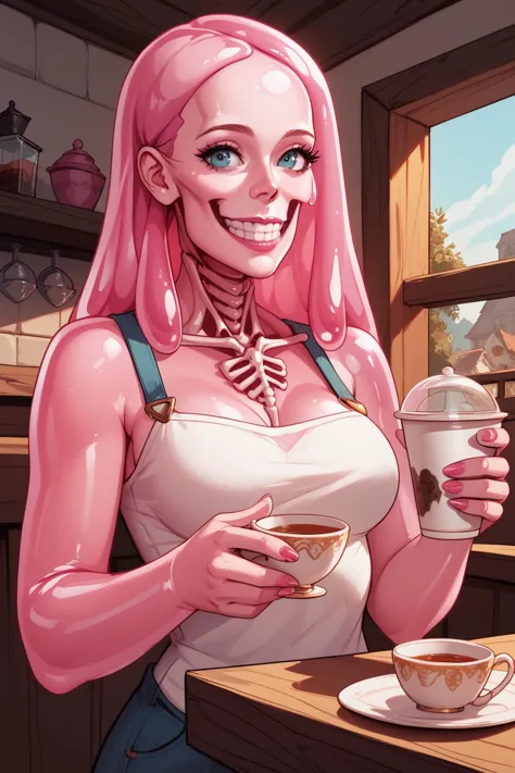 score_9, score_8_up, score_7_up, masterpiece, high quality <lora:Glob HermanPonyLora:0.9> 1girl, cute woman, breasts, monster, skeleton, pink jelly, transparent, see throu,in a cafe holding a cup of tea, smile