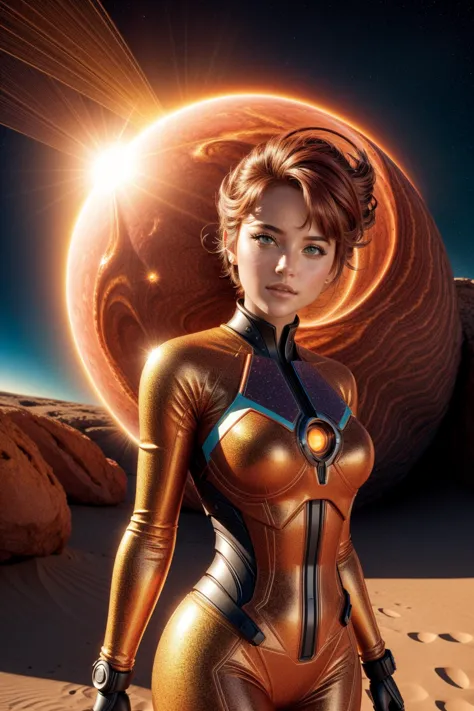 a woman in a gold suit standing in front of a planet