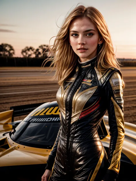 a woman in a leather suit standing next to a sports car