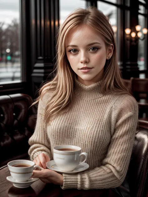 Analog photo, tv_Alea_MXAI, wearing a cozy sweater, sitting in a cafe, holding a cup of steaming tea, flirty expression,, detailed high contrast background, (((Ultra-HD-details, Ultra-HD-detailed, Ultra-HD-realistic)))