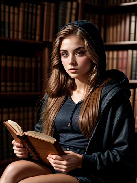 arafed woman sitting in a library reading a book