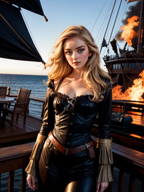 Analog photo, tv_Aisling_MXAI, haughty expression, wearing a pirate costume, on the deck of a pirate ship, in the golden hour, fire, smoke, debris, ((full body shot)),, detailed high contrast background, (((Ultra-HD-details, Ultra-HD-detailed, Ultra-HD-realistic)))