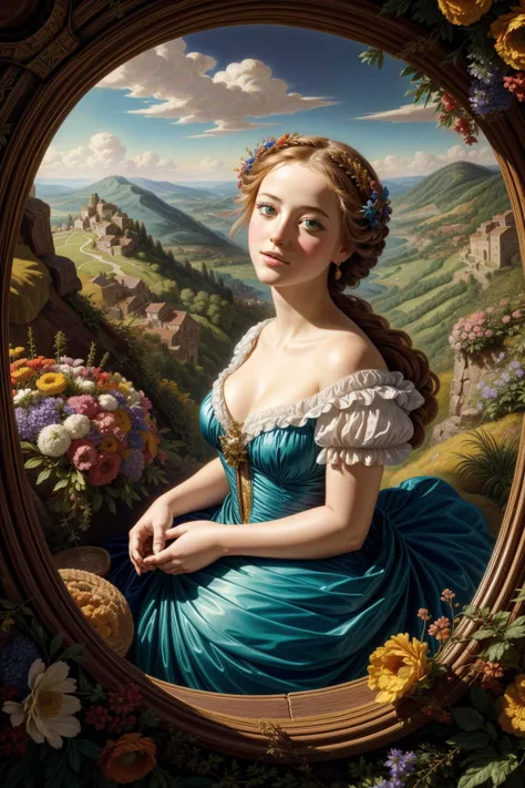 a painting of a woman in a blue dress sitting in a frame