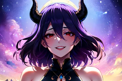 anime girl with horns and a black dress in front of a purple sky