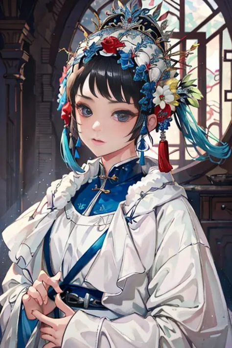 a close up of a woman in a white dress with a blue and red flower crown