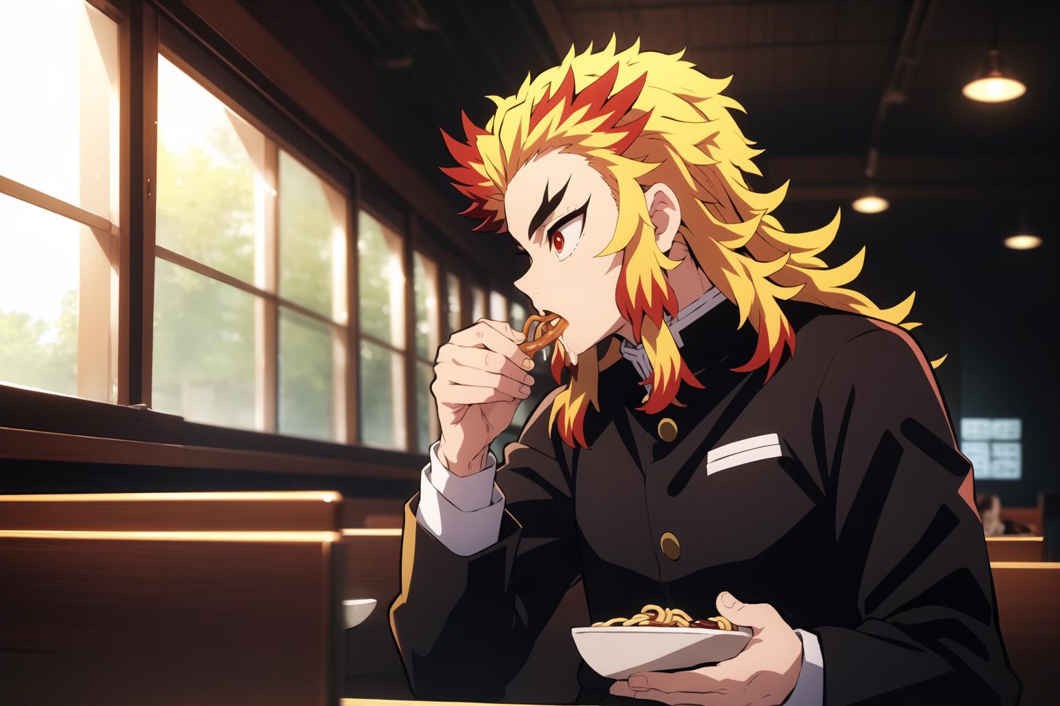 Anime image of a man eating food in a restaurant - SeaArt AI