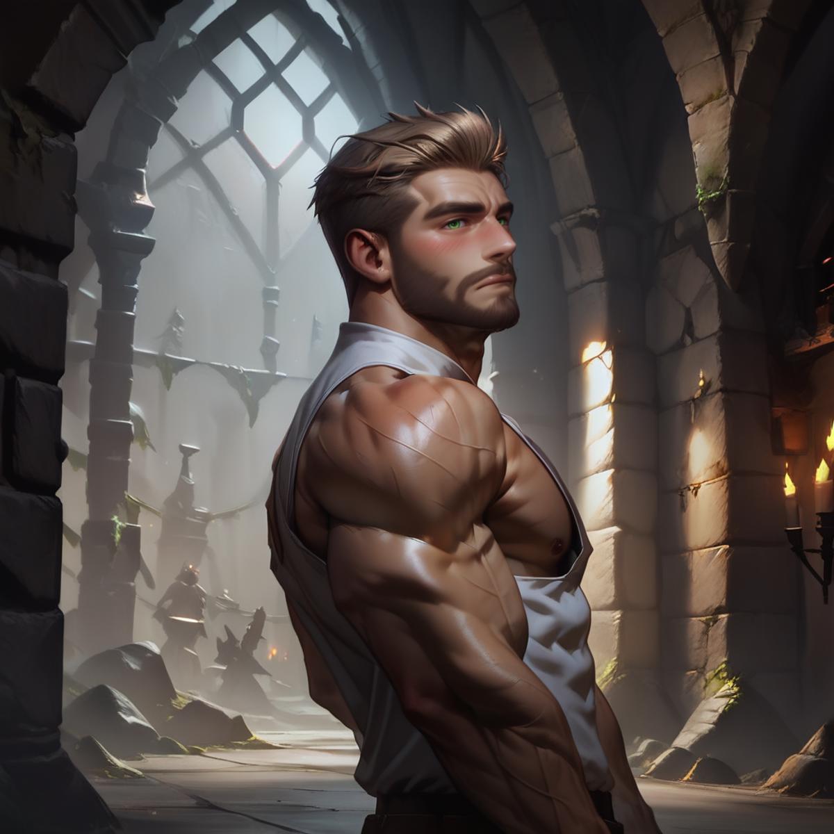 A man with a shirt on standing in a room with a stone archway - SeaArt AI